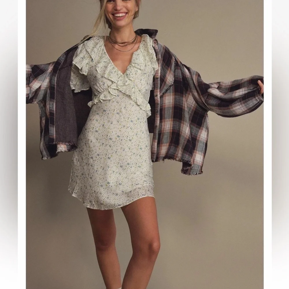Free People Sweetest Thing Mini Dress sweet floral cream blue ruffle 8 new